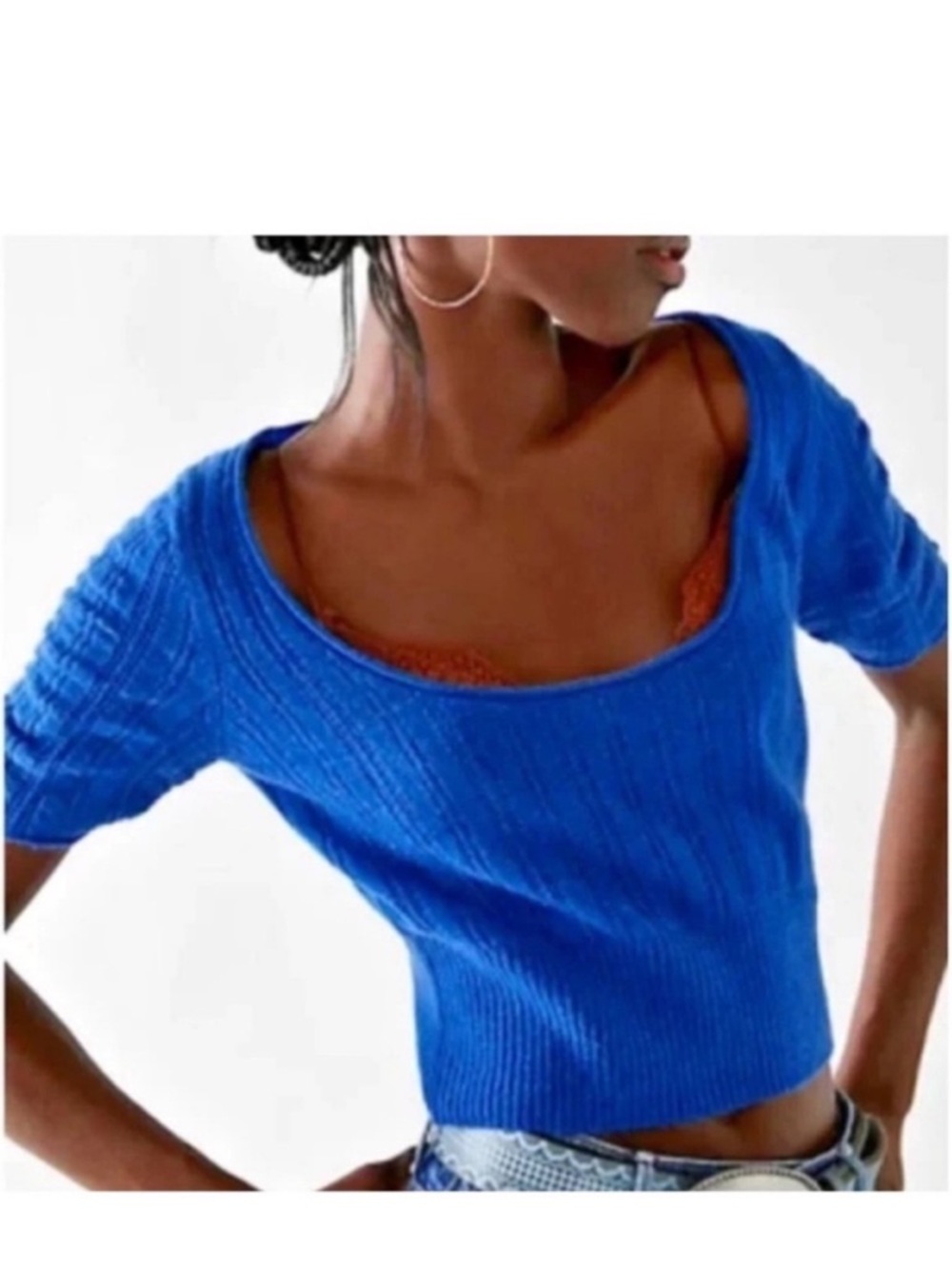 Free People Blue Cashmere Short Sleeve Cropped Sweater, Size XL, NWT